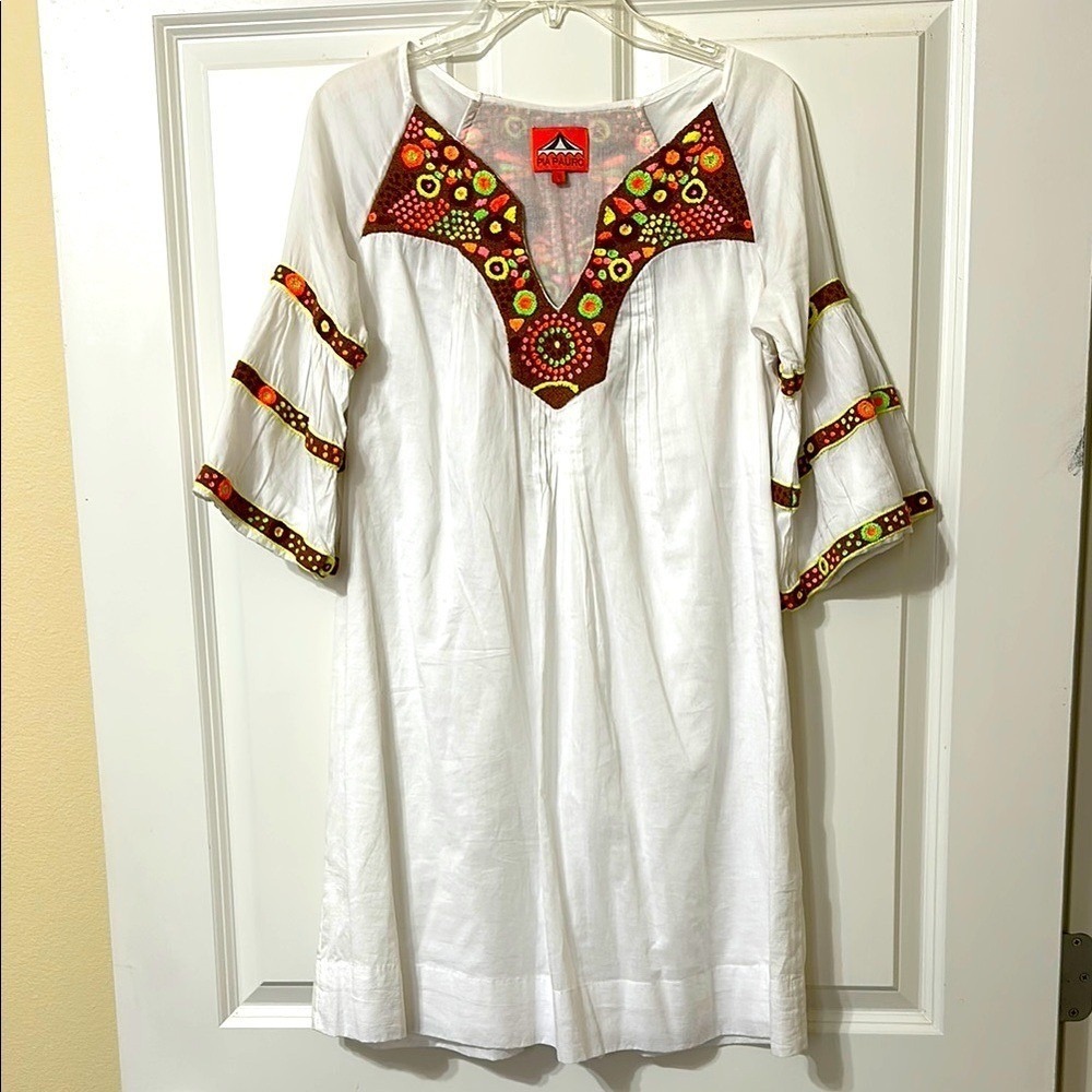 Pia Pauro White Cotton Embroidered Boho Tunic Dress Bell Sleeve Women‎ Size XS